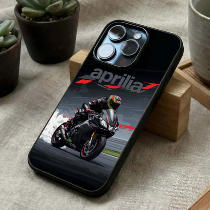Dark Aprilla Glass Case laid diagonally highlighting shadowed flow and HD glass shine.