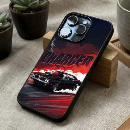 Dark Charger Fury Glass Case laid diagonally highlighting speed accents and HD glass shine.