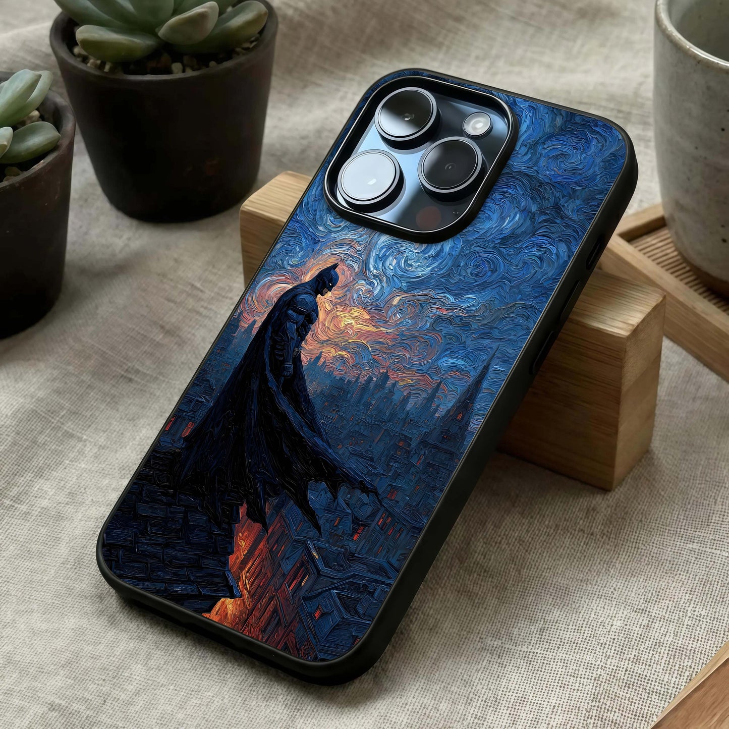Dark Knight Dusk Glass Case laid diagonally highlighting moody contrast and HD glass shine.