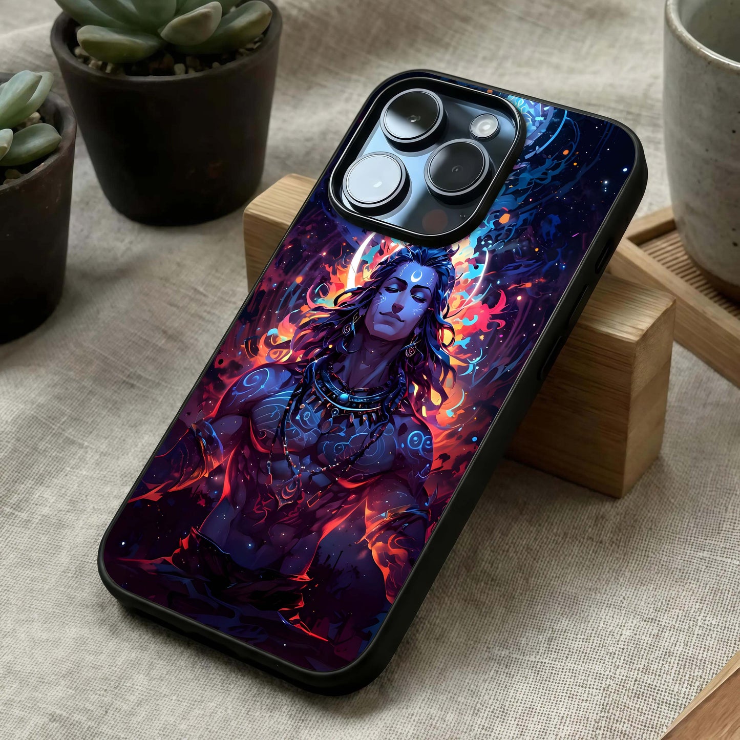 Divine Fire Shiv Glass Case laid diagonally highlighting intense motion and HD glass shine.