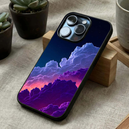 Dreamy Cloud Skies Glass Case laid diagonally highlighting floating depth and HD glass shine.