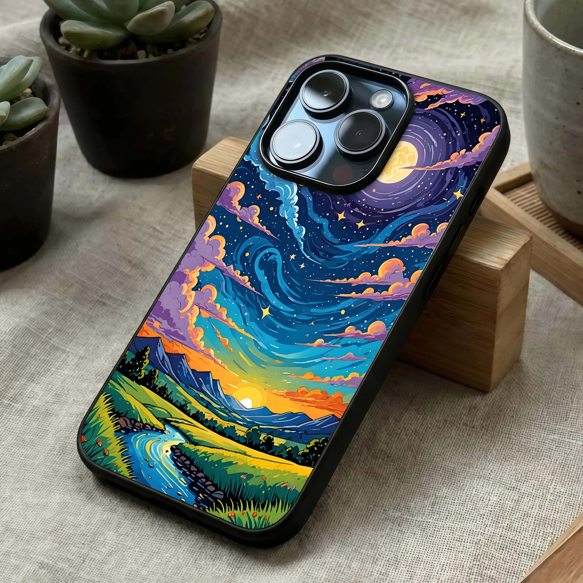 Dreamy Night Landscape Glass Case laid diagonally highlighting moonlit contours and HD glass shine.