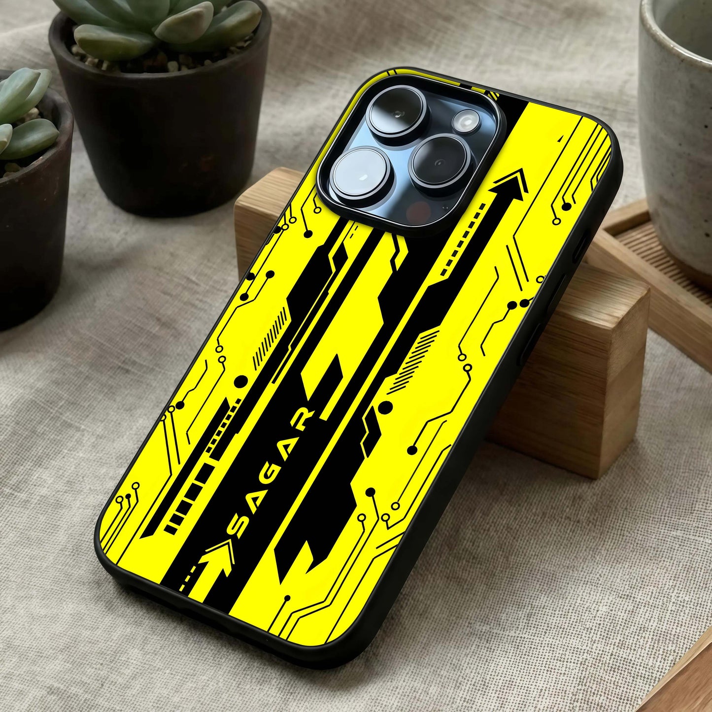 Electric Pulse Cyberpunk Custom Name Glass Case laid diagonally highlighting energetic circuitry and HD glass shine.