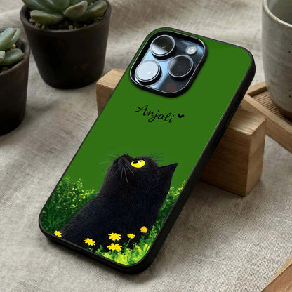Emerald Cat Custom Name Glass Case laid diagonally highlighting subtle details and HD glass shine.