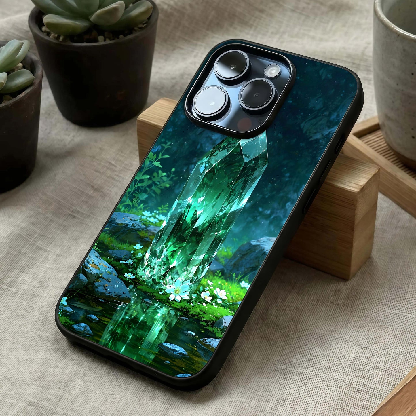 Emerald Light Crystal Glass Case laid diagonally highlighting prismatic glow and HD glass shine.