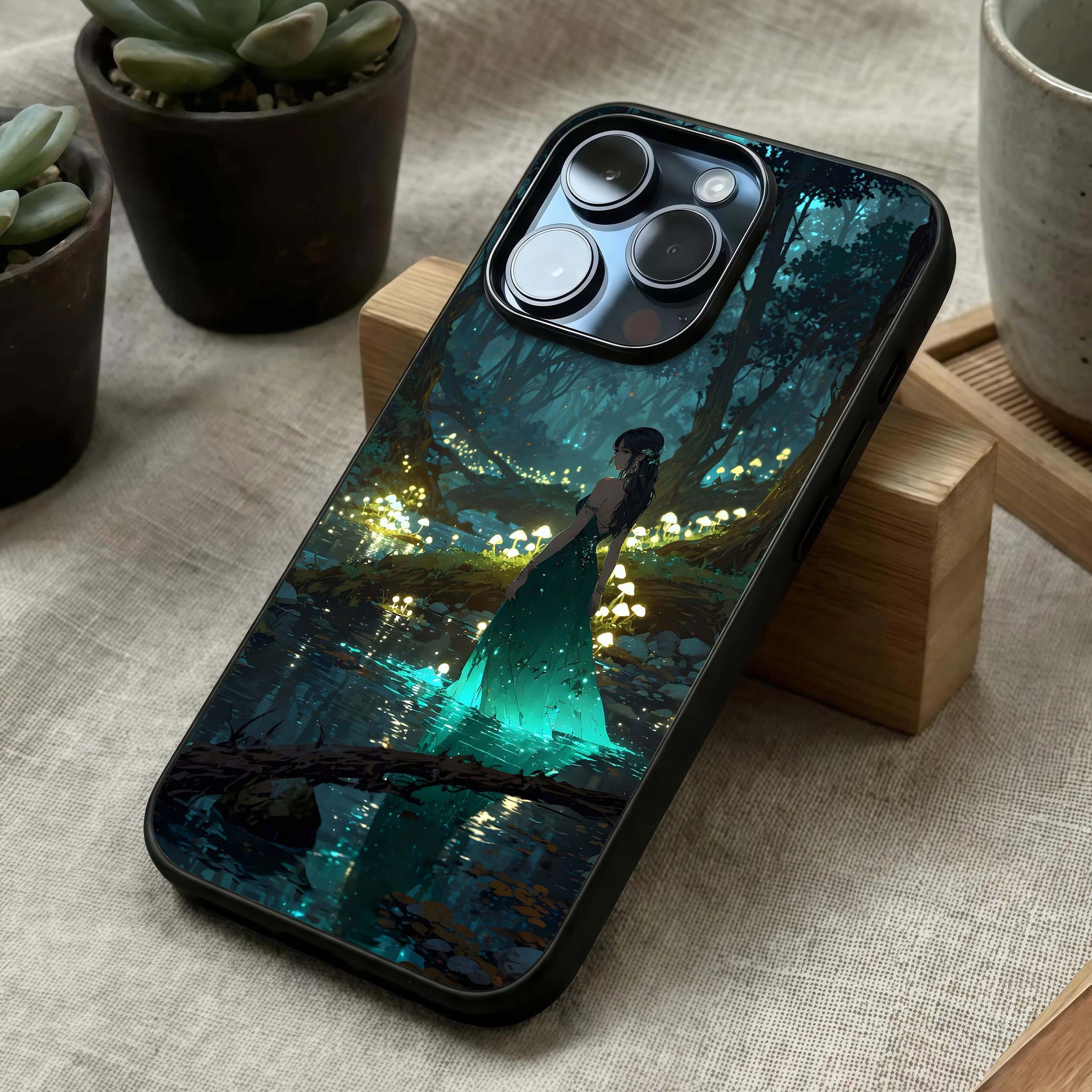 Enchanted Forest Glow Glass Case laid diagonally highlighting enchanted details and HD glass shine.