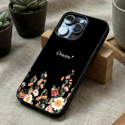 Floral Design Personalized Custom Name Glass Case laid diagonally highlighting elegant composition and HD glass shine.