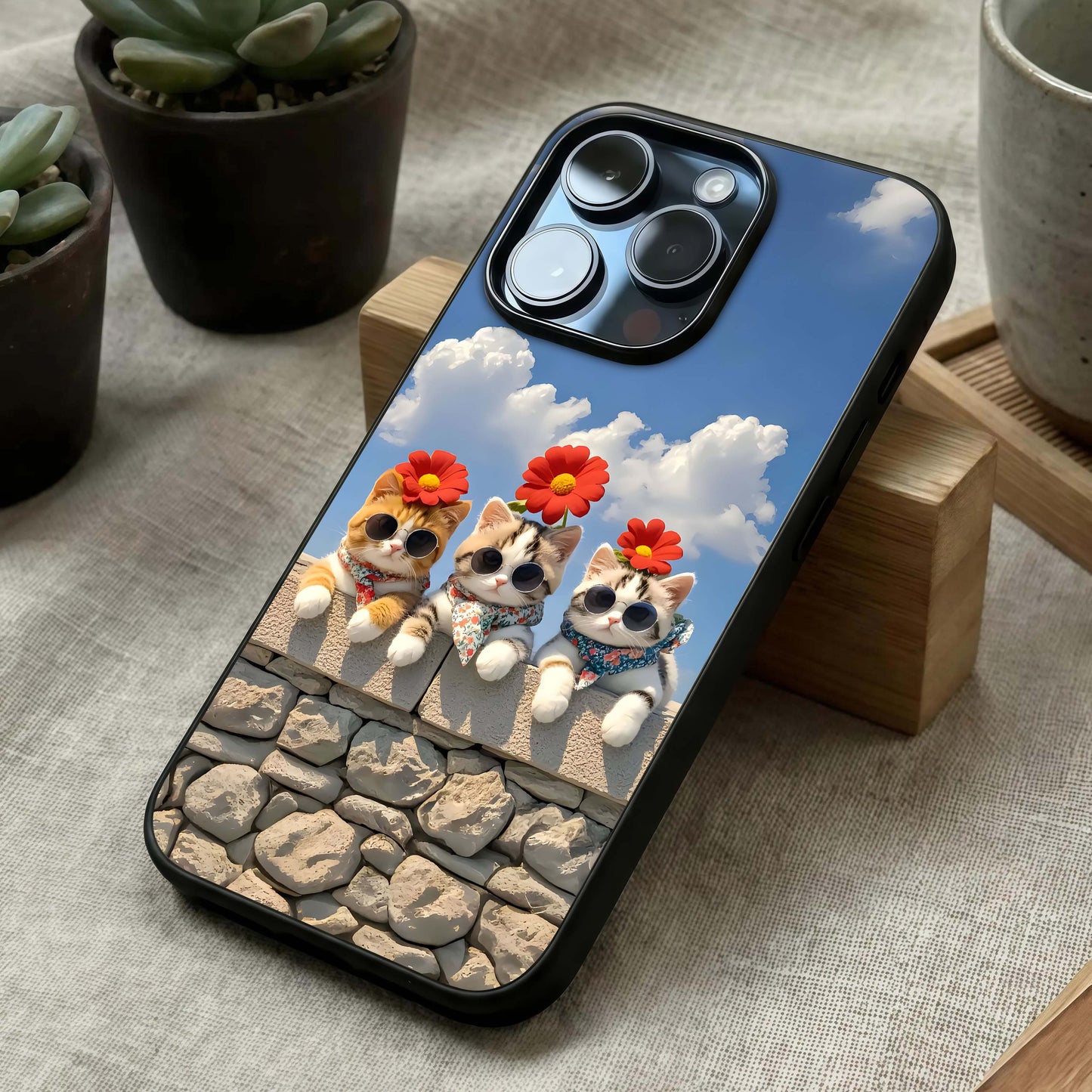 Floral Kitty Squad Glass Case laid diagonally highlighting lively patterns and HD glass shine.