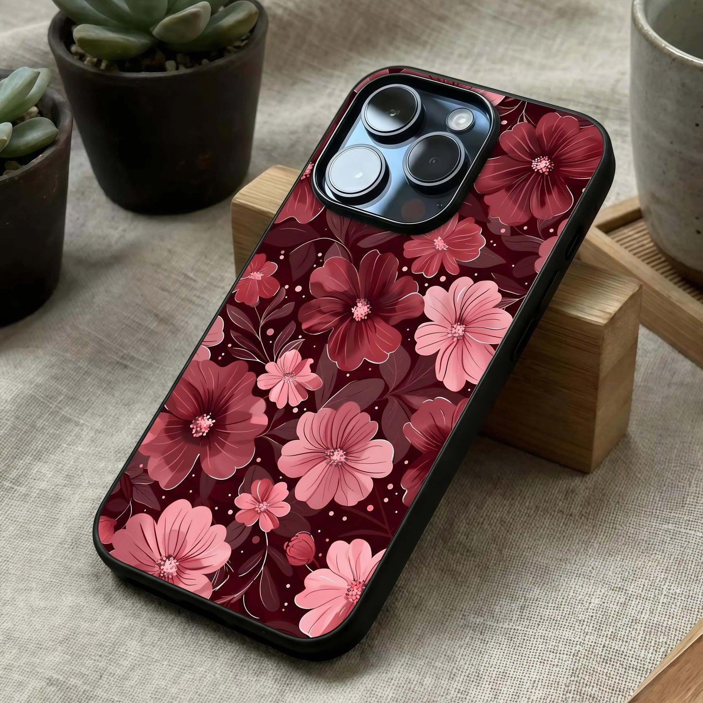 Flower Blush Bloom Glass Case laid diagonally highlighting smooth petal flow and HD glass shine.