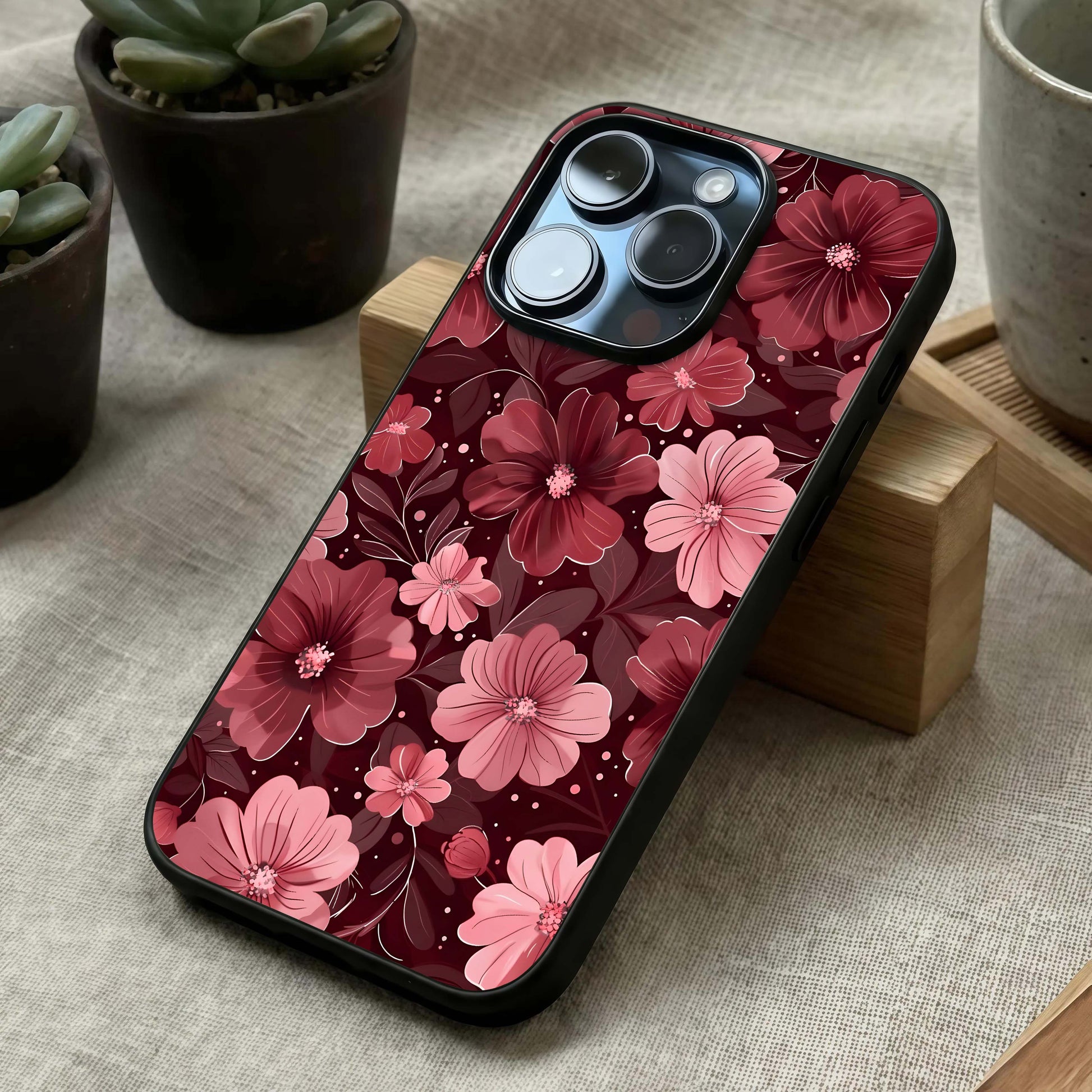 Flower Blush Bloom Glass Case laid diagonally highlighting smooth petal flow and HD glass shine.