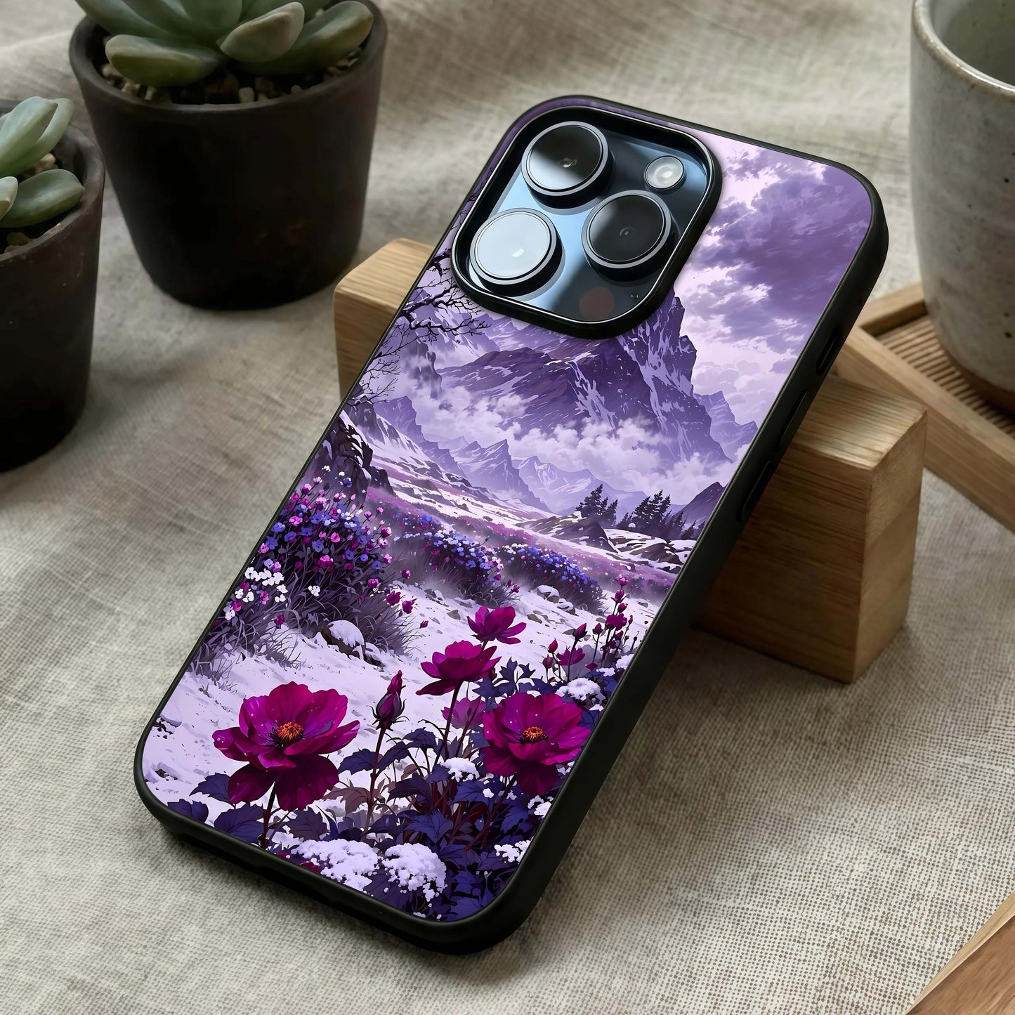 Flower Mountain View Glass Case laid diagonally highlighting depth perspective and HD glass shine.