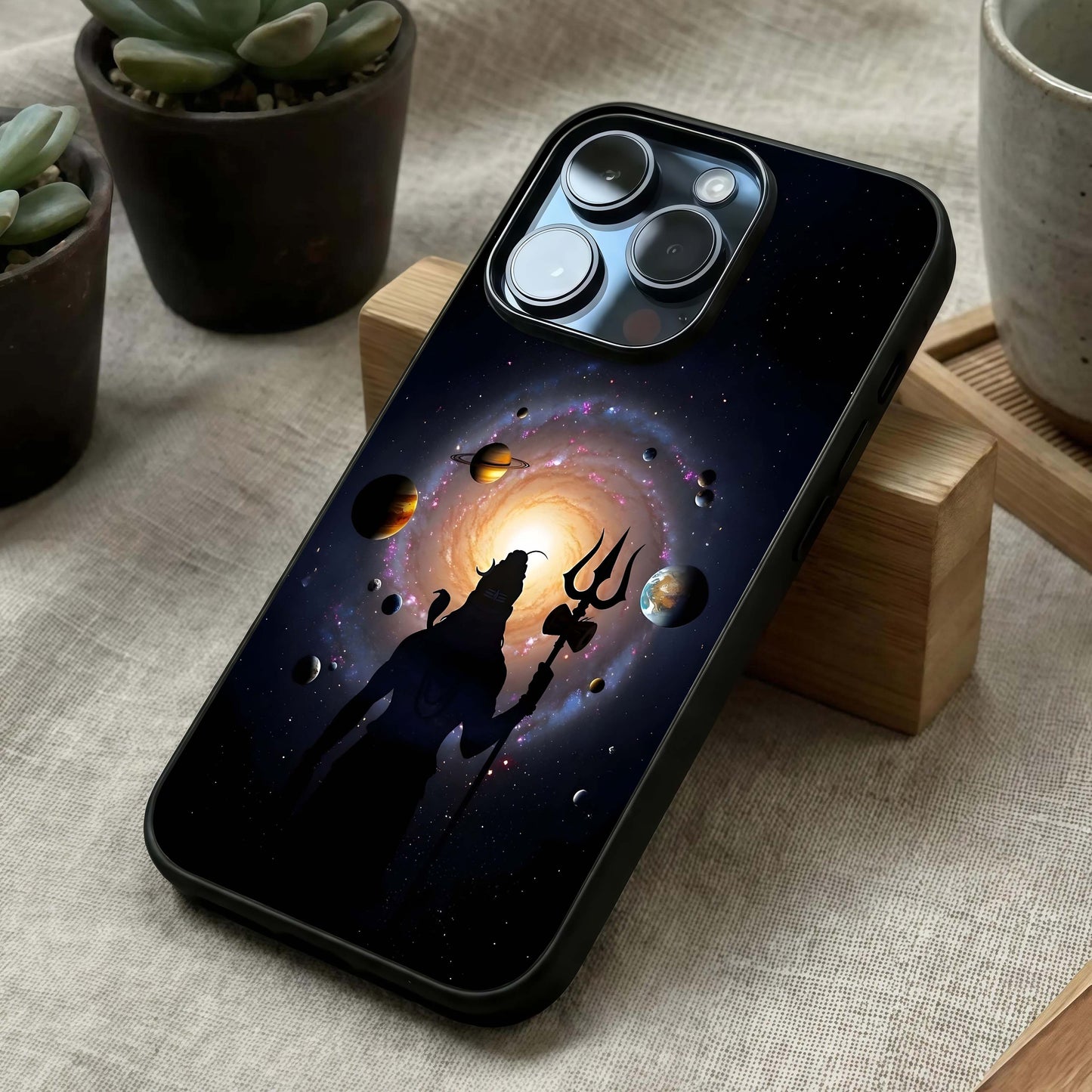 Galactic Shiva Vision Glass Case laid diagonally highlighting astral elements and HD glass shine.