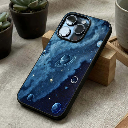 Galaxy Dream Space Glass Case laid diagonally highlighting depth perspective and HD glass shine.