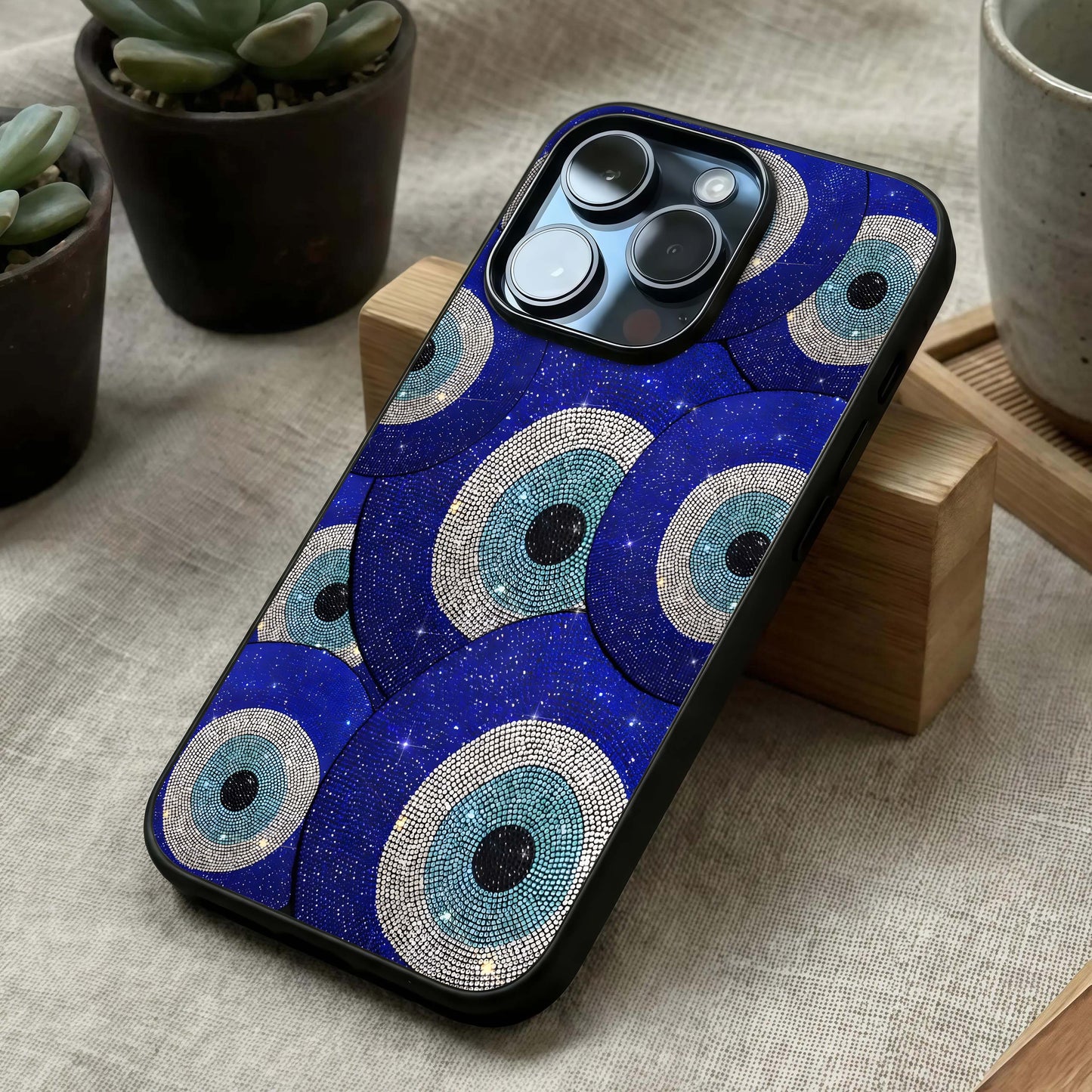 Galaxy Eye Flow Glass Case laid diagonally highlighting flowing gaze elements and HD glass shine.