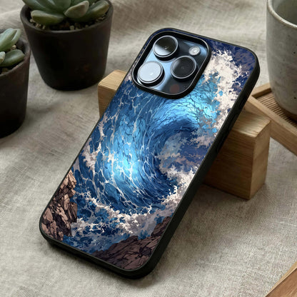 Giant Ocean Wave Glass Case laid diagonally highlighting wave energy and HD glass shine.