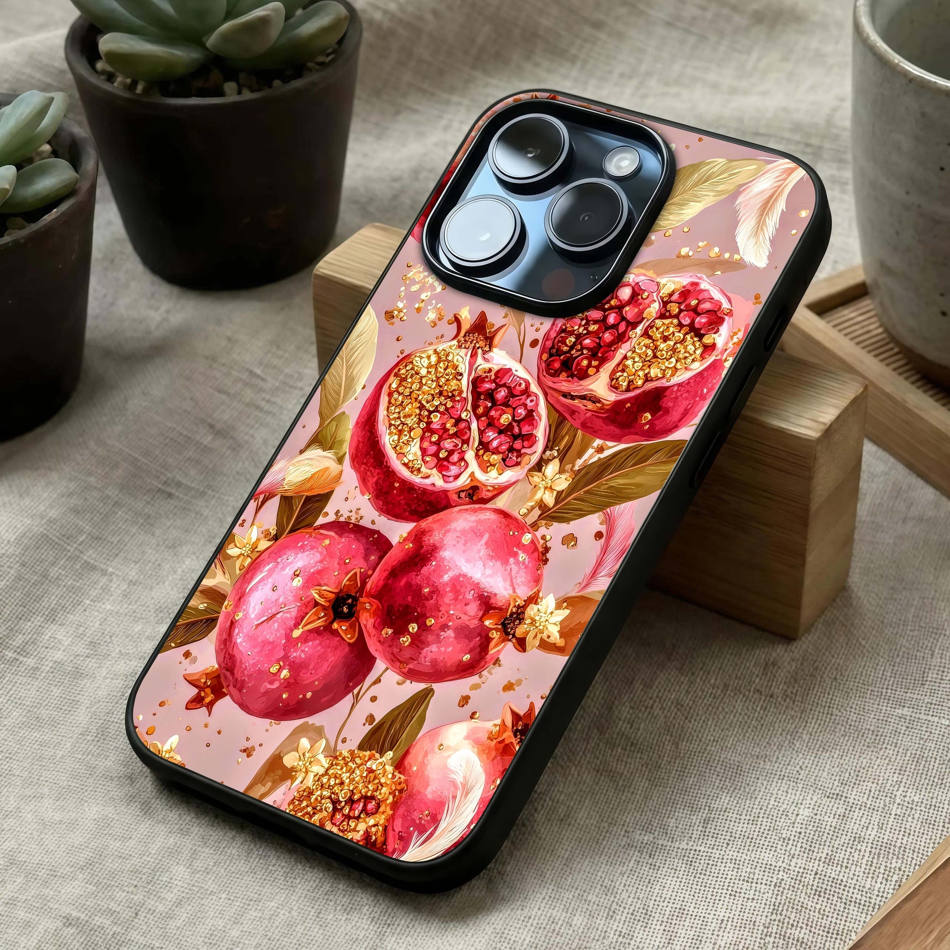 Golden Bloom Glow Glass Case laid diagonally highlighting gentle shine and HD glass sparkle.