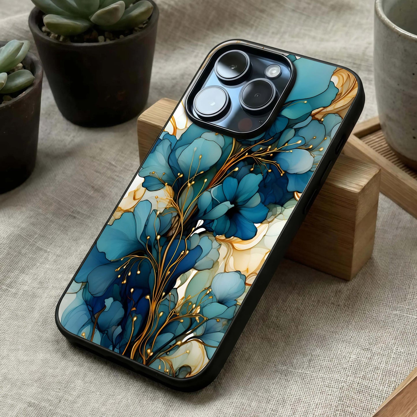 Golden Bloom Symphony Glass Case laid diagonally highlighting rhythmic flow and HD glass shine.