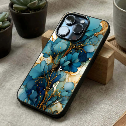 Golden Bloom Symphony Glass Case laid diagonally highlighting rhythmic flow and HD glass shine.