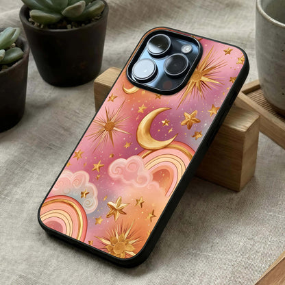 Golden Celestial Dreams Glass Case laid diagonally highlighting starry flow and HD glass shine.