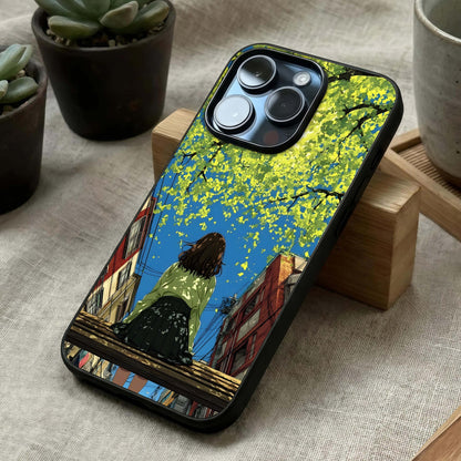Golden Leaves Glow Glass Case laid diagonally highlighting natural flow and HD glass shine.