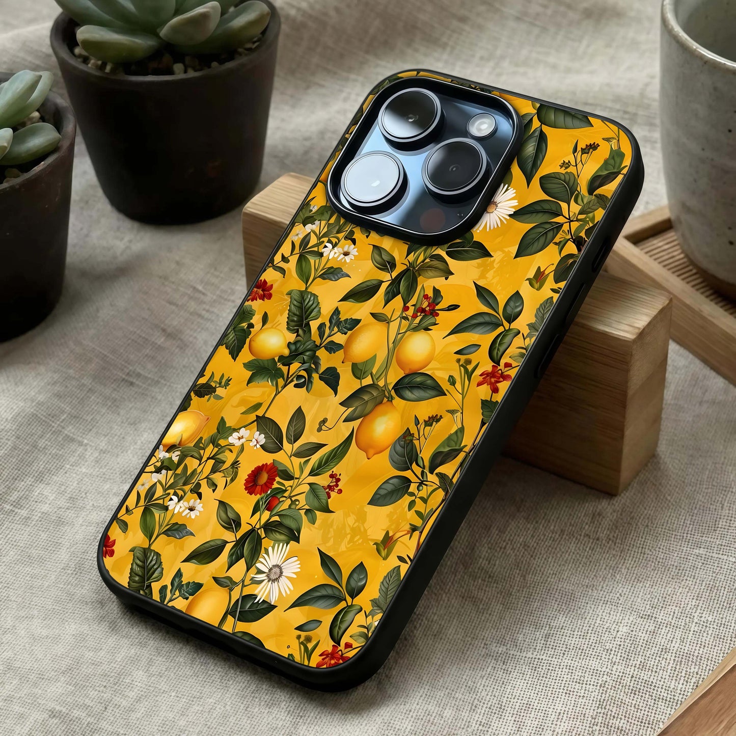 Golden Lemon Field Glass Case laid diagonally highlighting lively composition and HD glass shine.