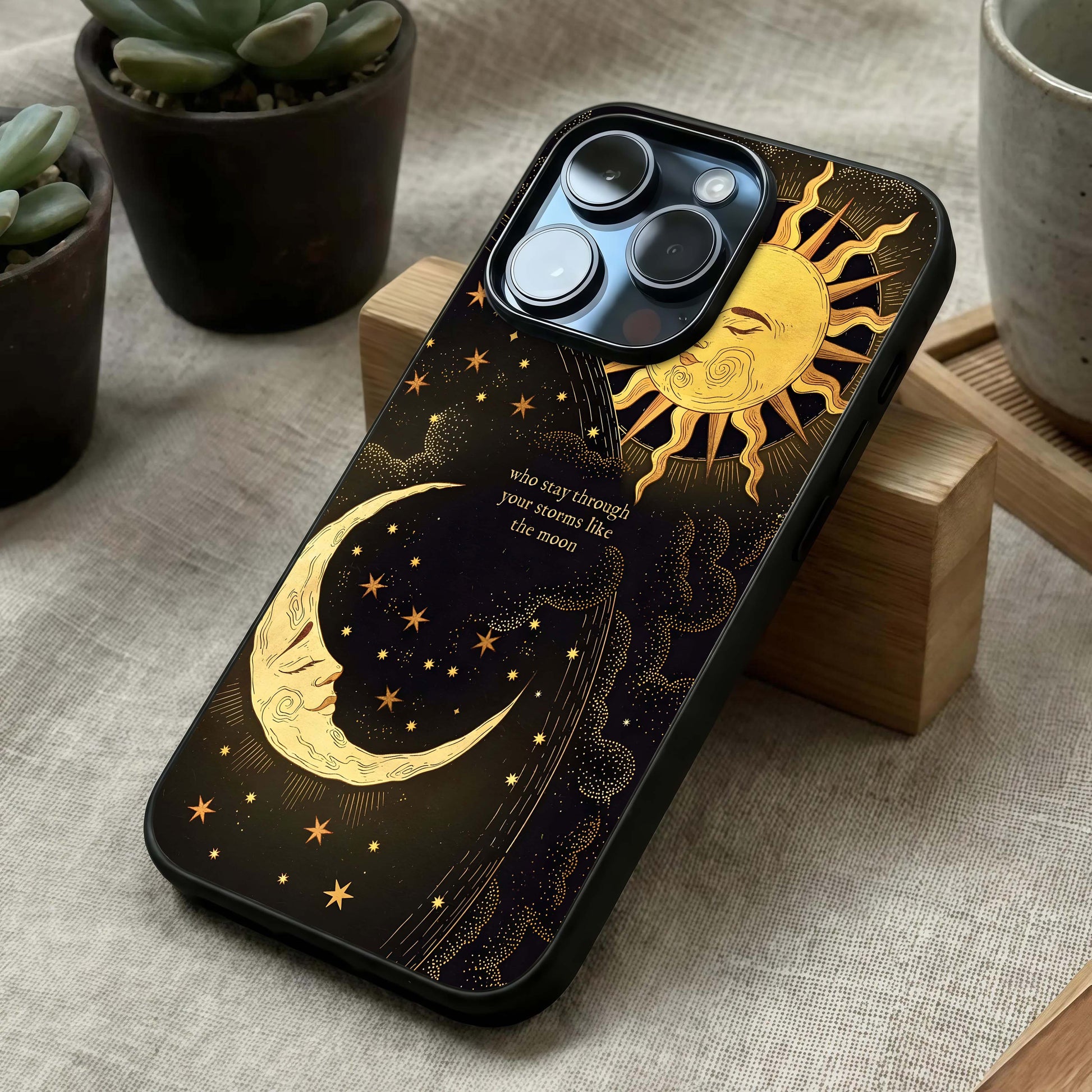 Golden Lunar Love Glass Case laid diagonally highlighting gentle glow and HD glass shine.
