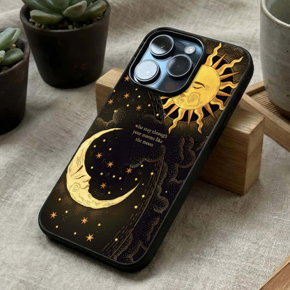 Golden Lunar Love Glass Case laid diagonally highlighting gentle glow and HD glass shine.
