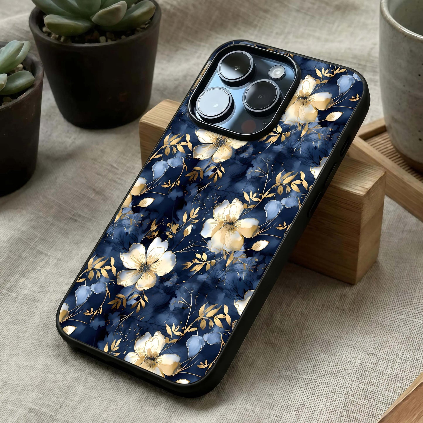 Golden Midnight Bloom Glass Case laid diagonally highlighting nocturnal flow and HD glass shine.