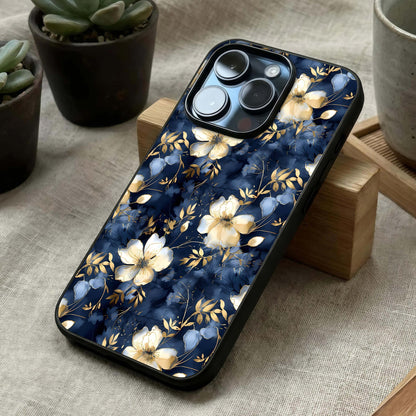 Golden Midnight Bloom Glass Case laid diagonally highlighting nocturnal flow and HD glass shine.