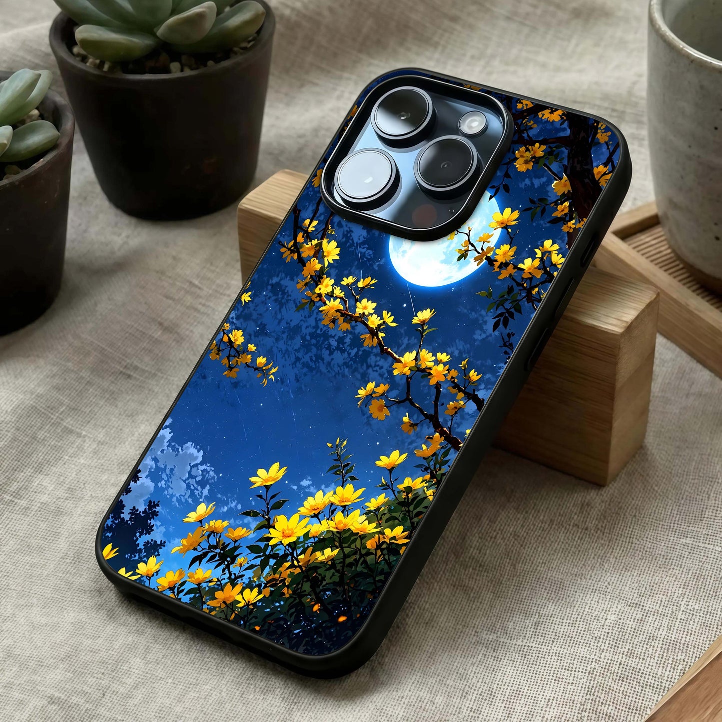 Golden Night Glow Glass Case laid diagonally highlighting subtle glow and HD glass shine.