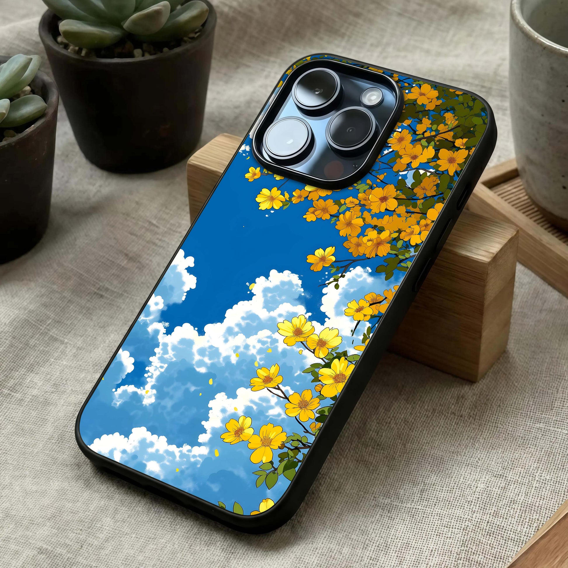 Golden Petal Sky Glass Case laid diagonally highlighting gentle motion and HD glass shine.