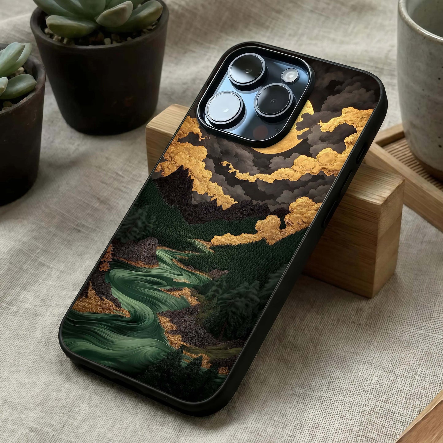 Golden River Moon Glass Case laid diagonally highlighting calm flow and HD glass shine.