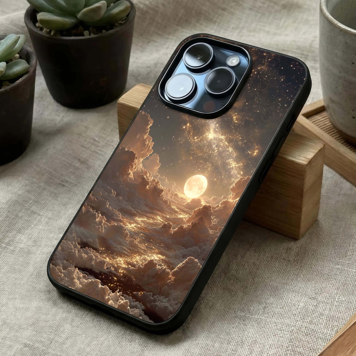 Golden Sky Dream Glass Case laid diagonally highlighting floating depth and HD glass shine.