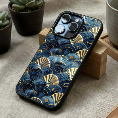 Golden Wave Luxe Glass Case laid diagonally highlighting refined curves and HD glass shine.