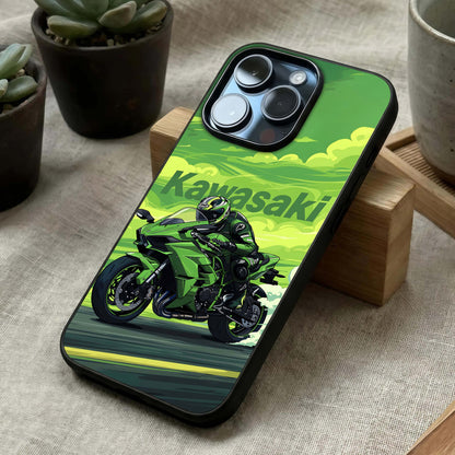 Green Kawasaki Glass Case laid diagonally highlighting racing-inspired lines and HD glass shine.