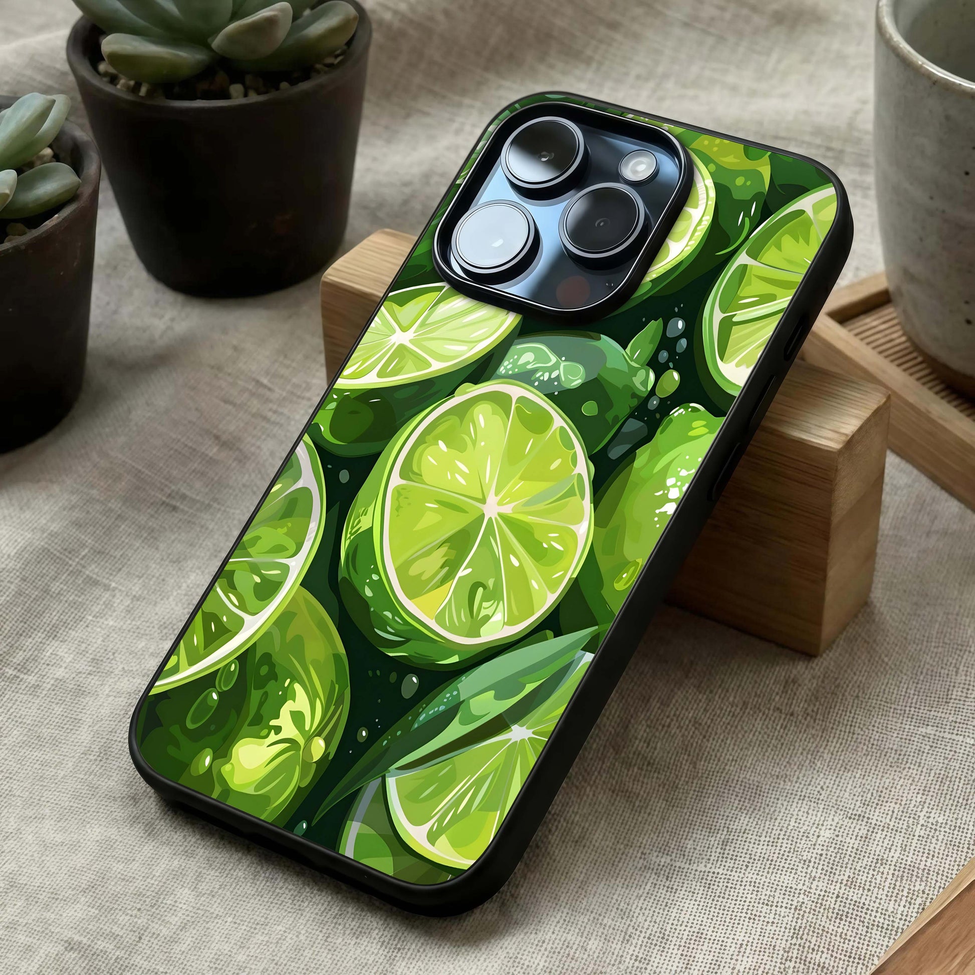 Green Lemon Glass Case laid diagonally highlighting lively composition and HD glass shine.