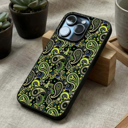 Green Mandala Pattern Glass Case laid diagonally highlighting ornamental flow and HD glass shine.
