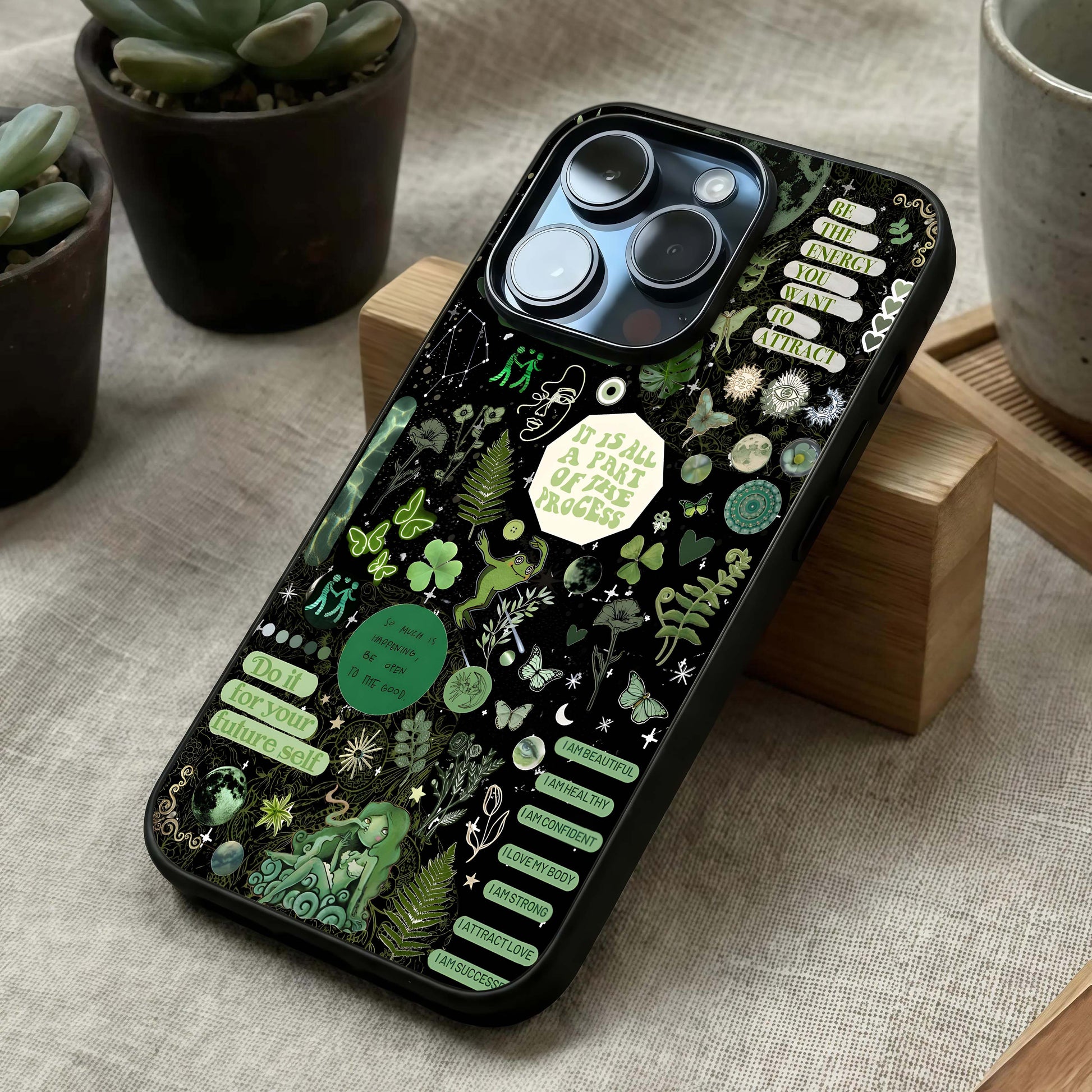 Green Moon Energy Glass Case laid diagonally highlighting subtle glow and HD glass shine.