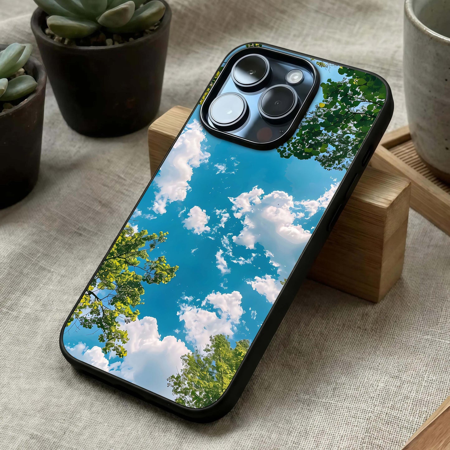 Greenery Sky Glass Case laid diagonally highlighting open composition and HD glass shine.