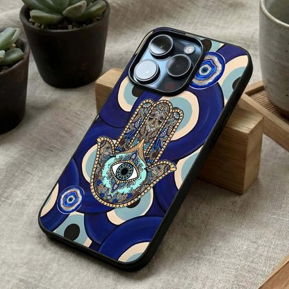 Hamsa Divine Guard Glass Case laid diagonally highlighting symbolic flow and HD glass shine.