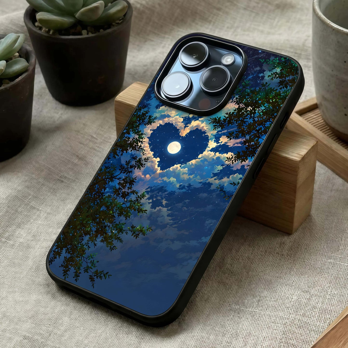 Heart with Moon Sky Glass Case laid diagonally highlighting poetic balance and HD glass shine.