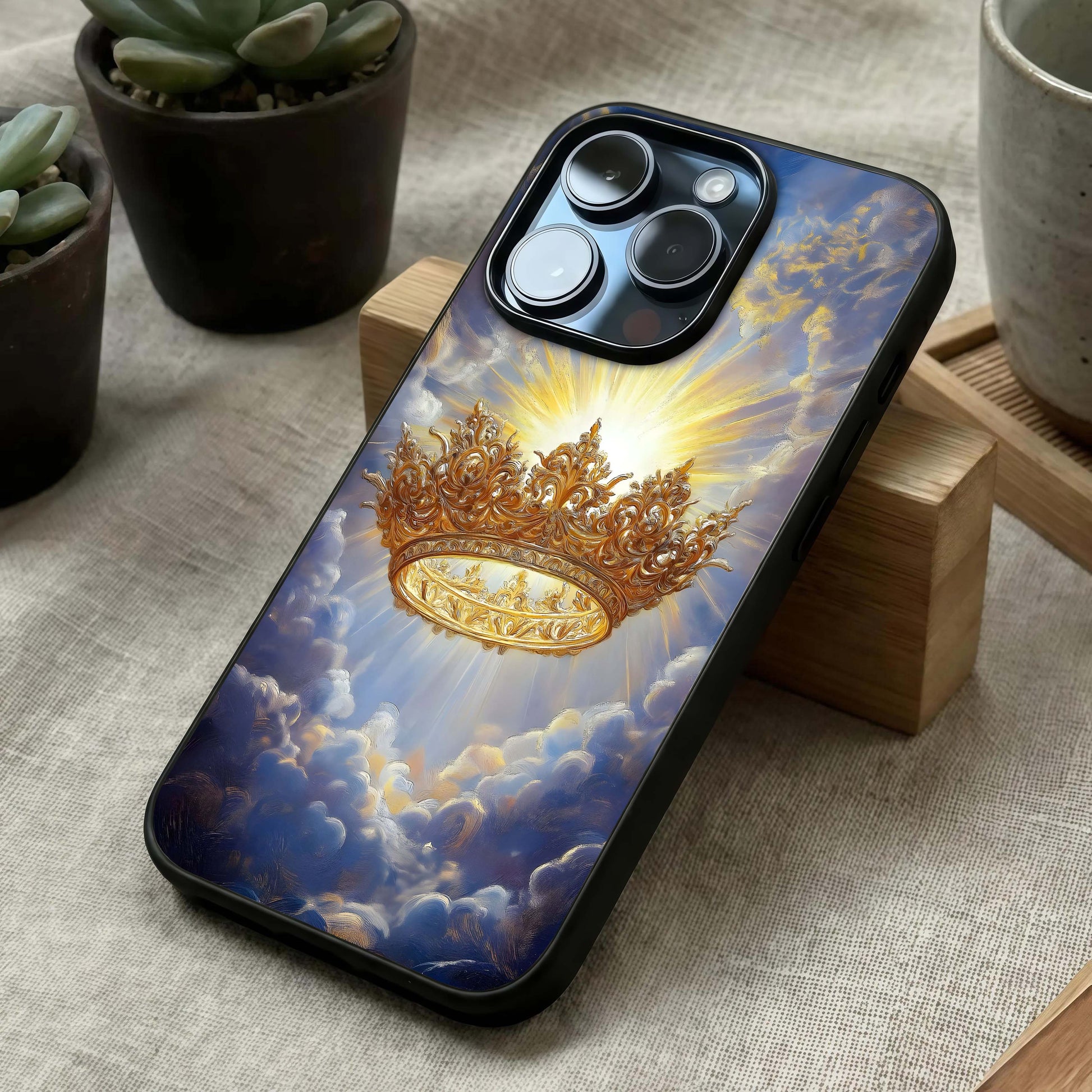 Heavenly Crown Light Glass Case laid diagonally highlighting graceful glow and HD glass shine.