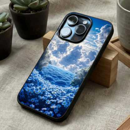 Heavenly Daisy Horizon Glass Case laid diagonally highlighting open horizon flow and HD glass shine.