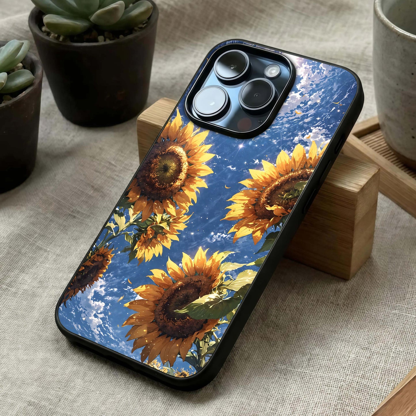 Heavenly Sunflower Rise Glass Case laid diagonally highlighting upward energy and HD glass shine.