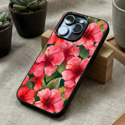 Hibiscus Pattern Glass Case laid diagonally highlighting repeating patterns and HD glass shine.