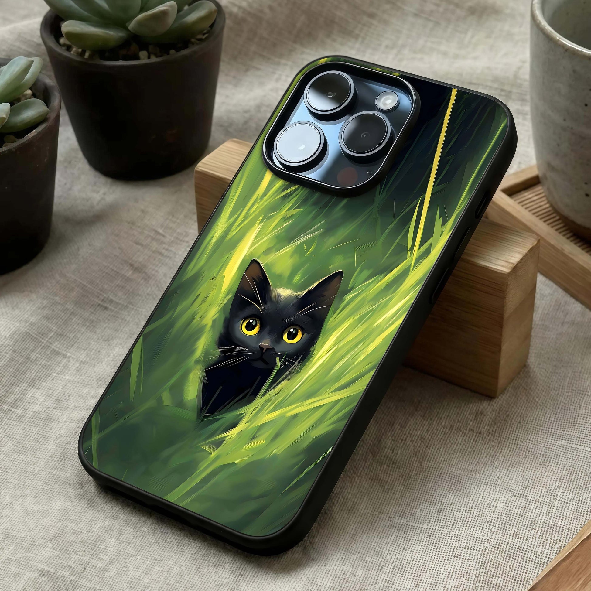 Hidden Cat Whisper Glass Case laid diagonally highlighting quiet composition and HD glass shine.