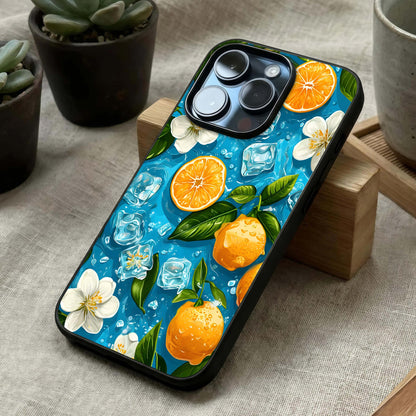 Ice Cube With Orange Glass Case laid diagonally highlighting crisp textures and HD glass shine.