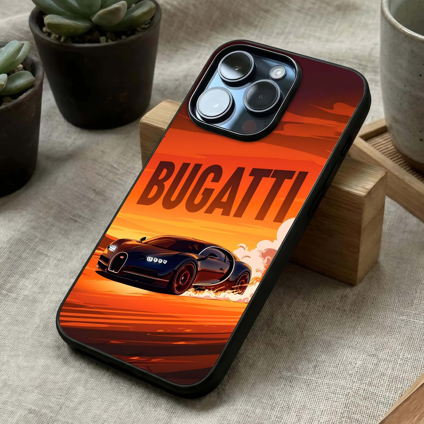 Inferno Bugatti Storm Glass Case laid diagonally highlighting storm energy and HD glass shine.