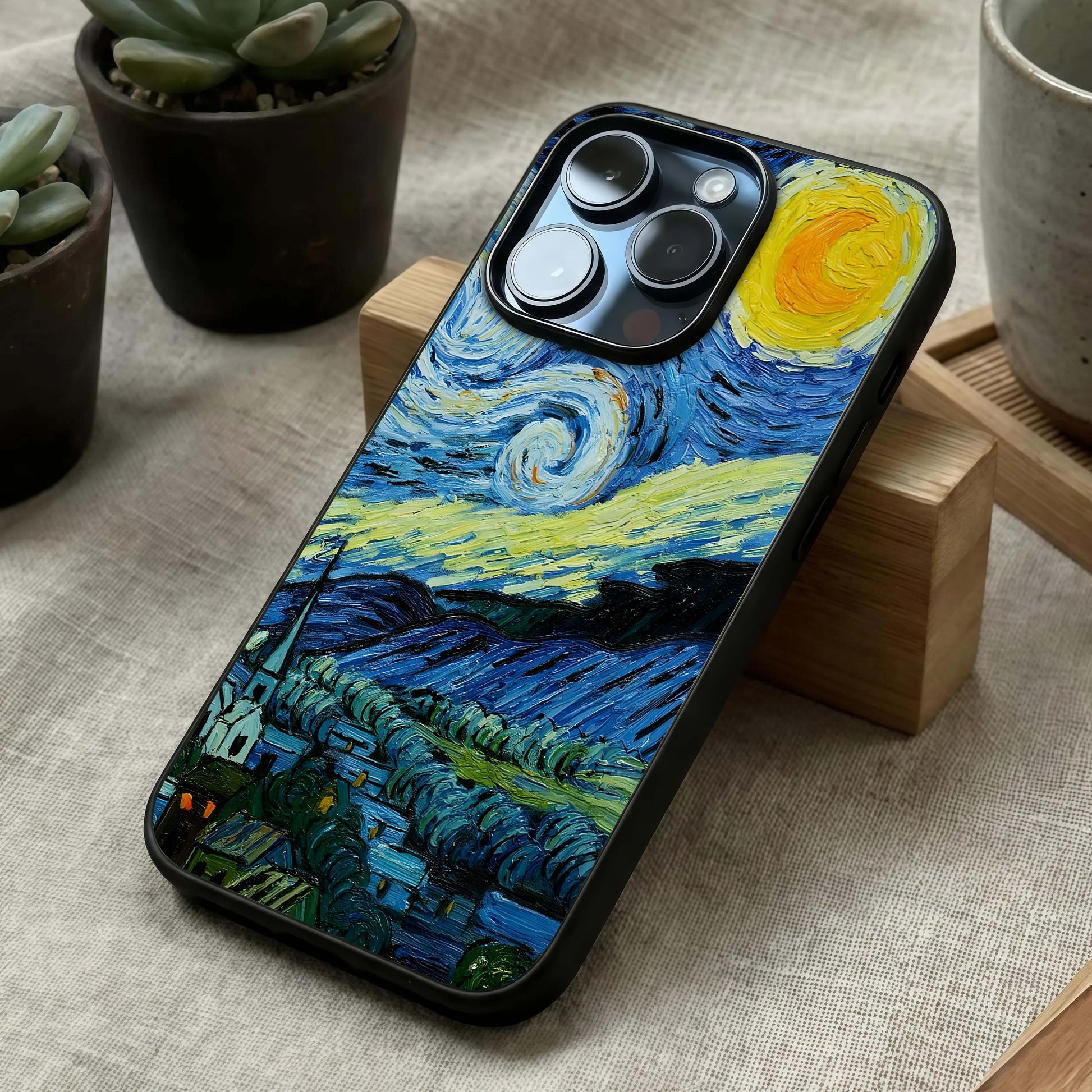 Inspired Van Gogh Art Glass Case laid diagonally highlighting swirling motion and HD glass shine.