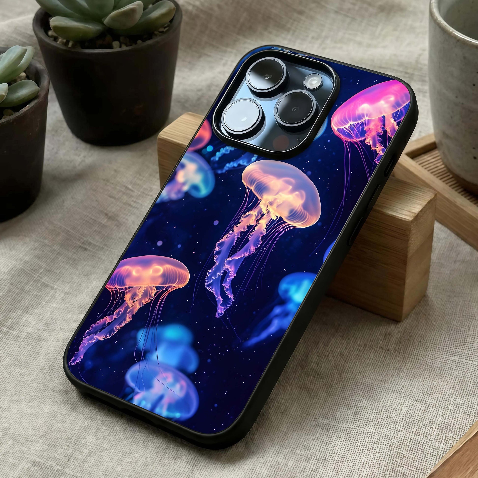 Jellyfish Pattern Glass Case laid diagonally highlighting drifting motion and HD glass shine.